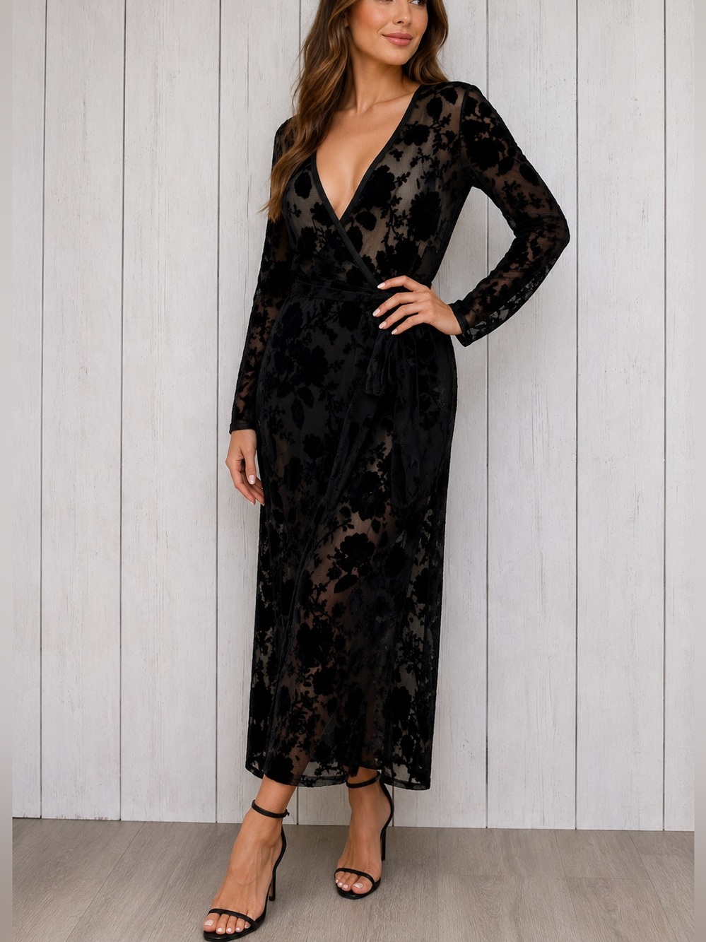 Goodtime USA Black Long Sleeve Velvet Burnout Mesh Wrap Midi Dress M Whimsigoth